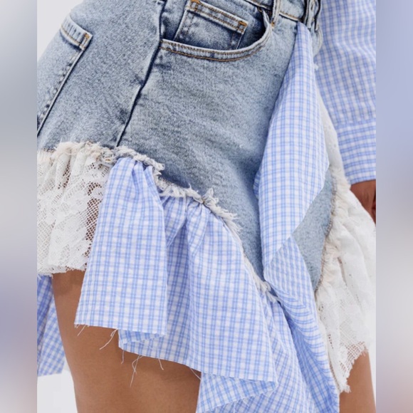 NWT AKIRA Denim and lace poplin mini Skirt and shirt jacket set size M/L - Picture 4 of 6